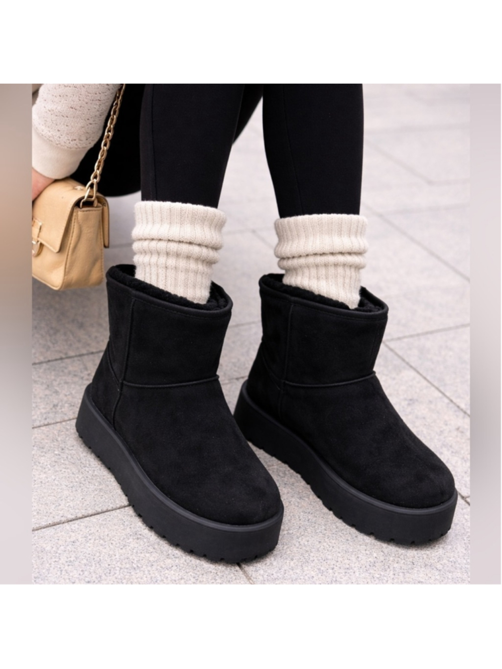 Women's Furry Faux Suede Ankle Platform Booties Black Size 8 New